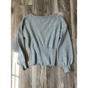 Grey Pointelle Knit Sweater Size S Balloon Sleeve Boat Neck Pullover Cozy Fall